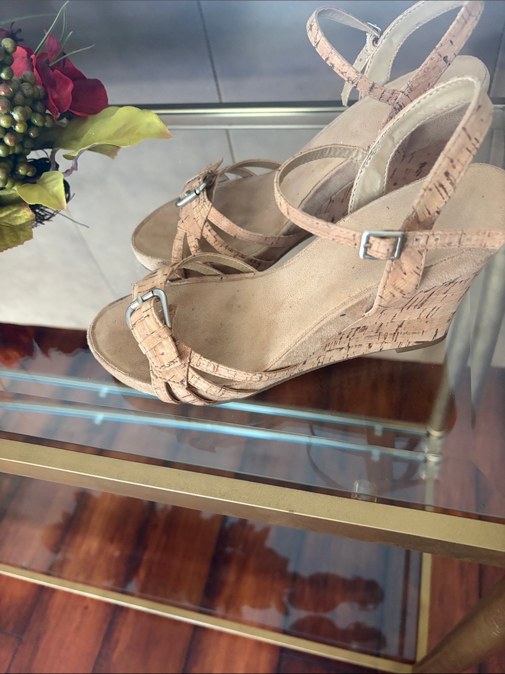 AEROSOLES Cork-Tone Tan Wedge Sandals - Picture 4 of 5